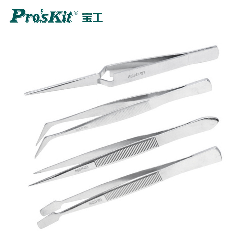 宝工（Pro'skit) 808-389 不锈钢镊子4支组（尖/扁/弯/防弹尖头）