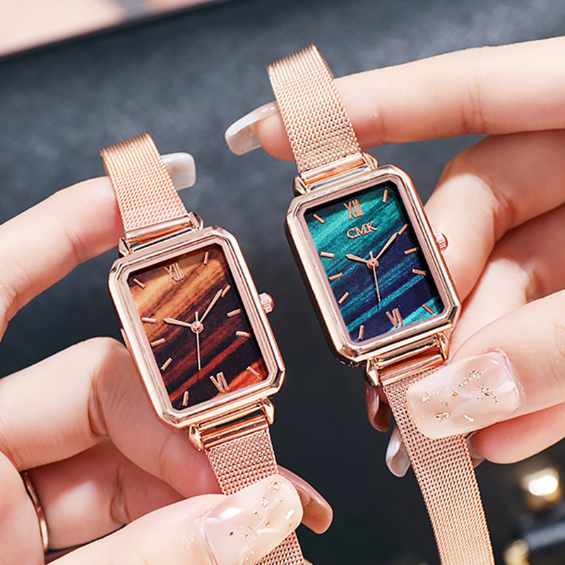 跨境專供爆款直播女士手表女表複古網紅方形孔雀石小綠表網帶手表