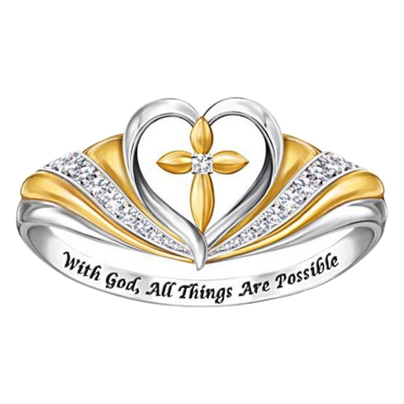 Zhenrong deseo Venta caliente Nueva Cruz en forma de corazón micro-incrustaciones anillo europeo y americano con Dios anillo de dos colores para las mujeres