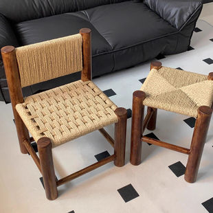 Stool for Home Use, Low Stool with a Vintage Style, Backrest Chair, Rope Woven Bench, Light Luxury High-End Sofa Stool, Wabi-Sabi Style Sitting Stool