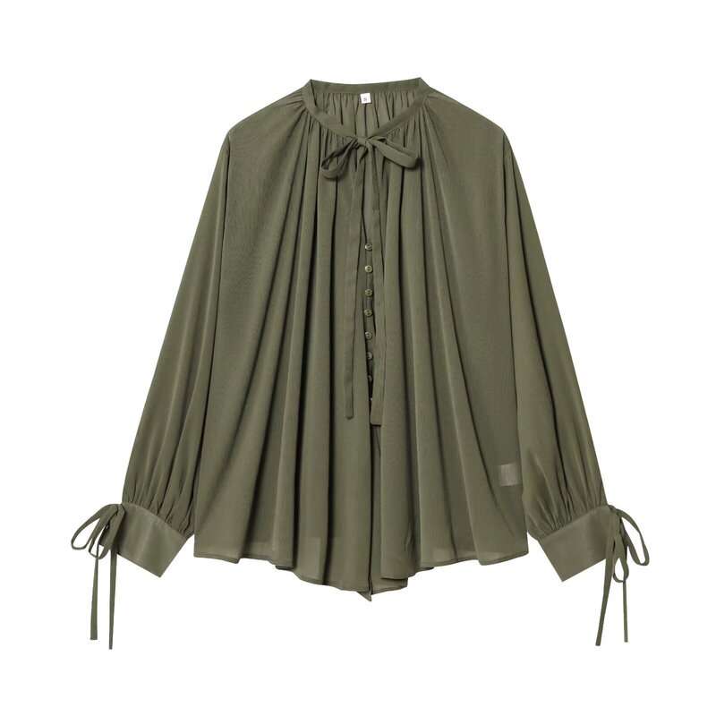 Cross-Border Supply 2025 Summer New Women's Fashion Simple and Versatile Lace-Up Design Semi-Transparent Shirt Cross-Border Supply 2025 Summer New Women's Fashion Simple and Versatile Lace-Up Design Semi-Transparent Shirt