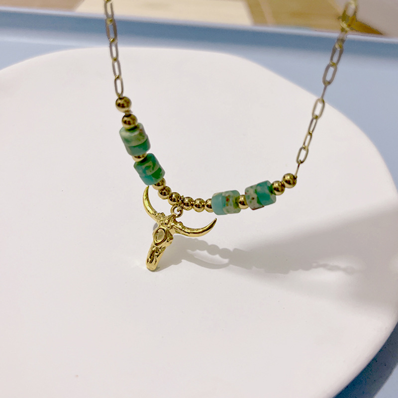 Fashion Bull Head Stainless Steel Plating Natural Stone Pendant Necklace