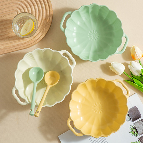 Modern simple cream solid color matte ceramic double-ear bowl household pumpkin embossed ramen bowl creative anti-scalding soup bowl