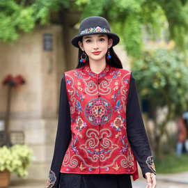 新款民族风复古盘扣马甲女文艺时尚刺绣立领缎面提花宽松背心坎肩