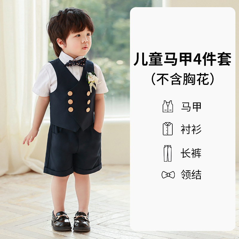 Traje de niño, chaleco, traje de manga corta, traje de actuación de estilo británico de verano, vestido de cumpleaños de bebé, niña de las flores