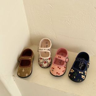 Autumn 2021 New Children's Korean-style Corduroy Floral Shoes for Boys and Girls Velcro Fashionable Kindergarten Soft-soled Shoes
