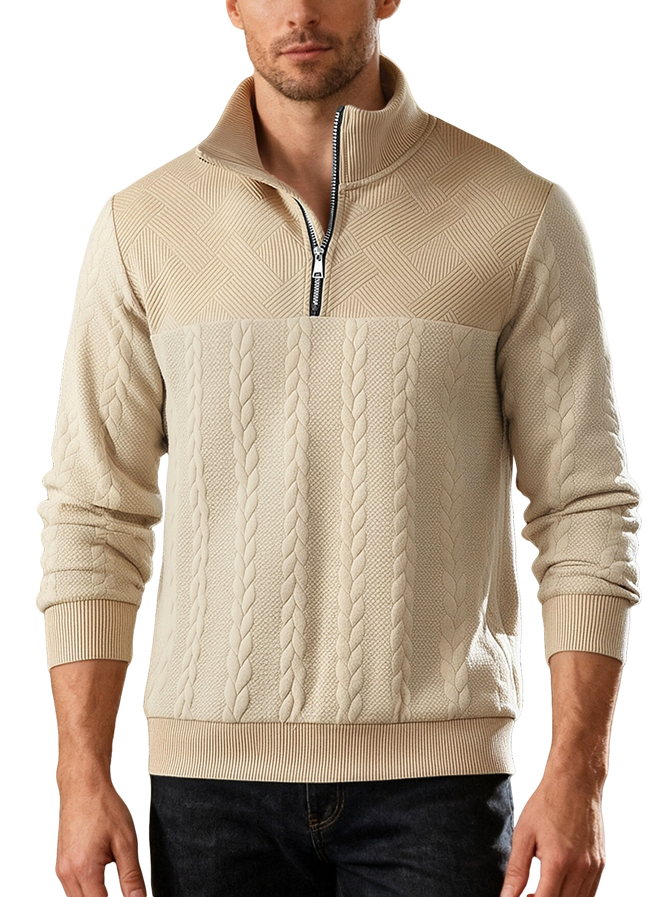 Cross Border American Retro Casual Stand Collar Zipper Pullover Loose Knitwork Long Sleeve Outdoor Custom_voghion.com