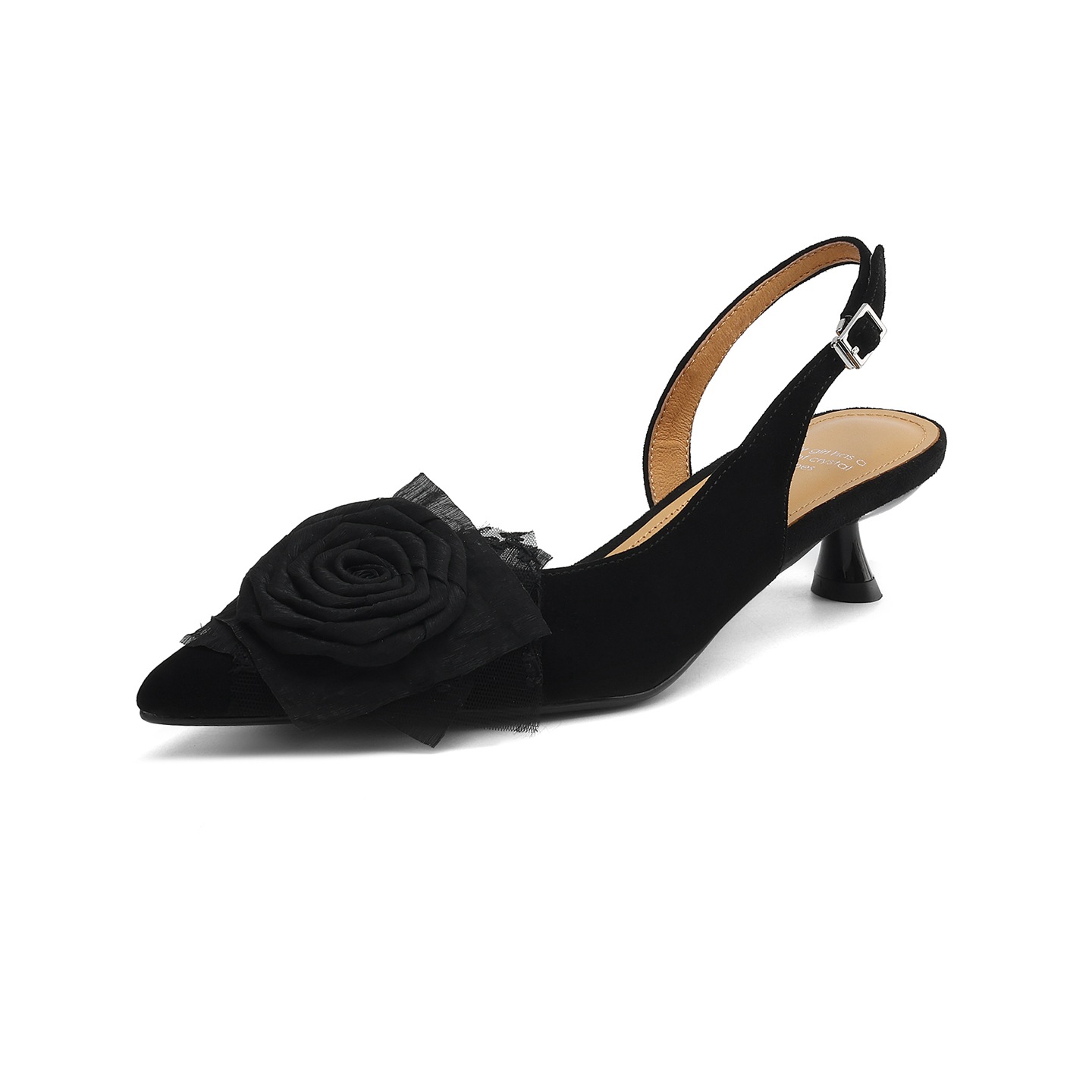 Sandal cao gót nữ hở mũi quai ngang đính hoa, gót 4 cm — Da cừu đen chi tiết 28