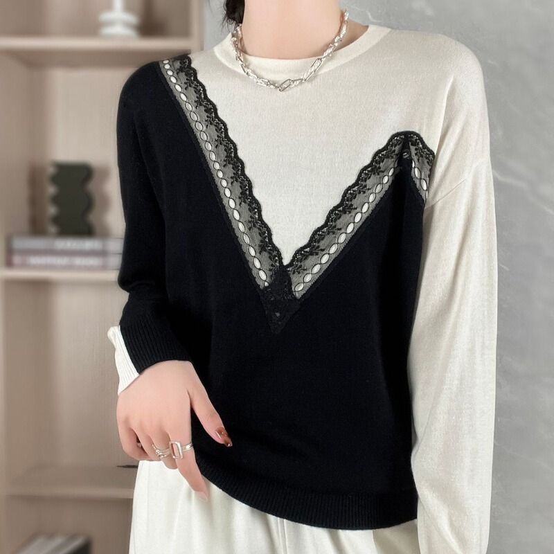 Jinyia 【Special Offer: No Returns or Exchanges on Color-Blocked Lace Patchwork Sweater for Women, Stylish and Elegant Long-Sleeve Top】