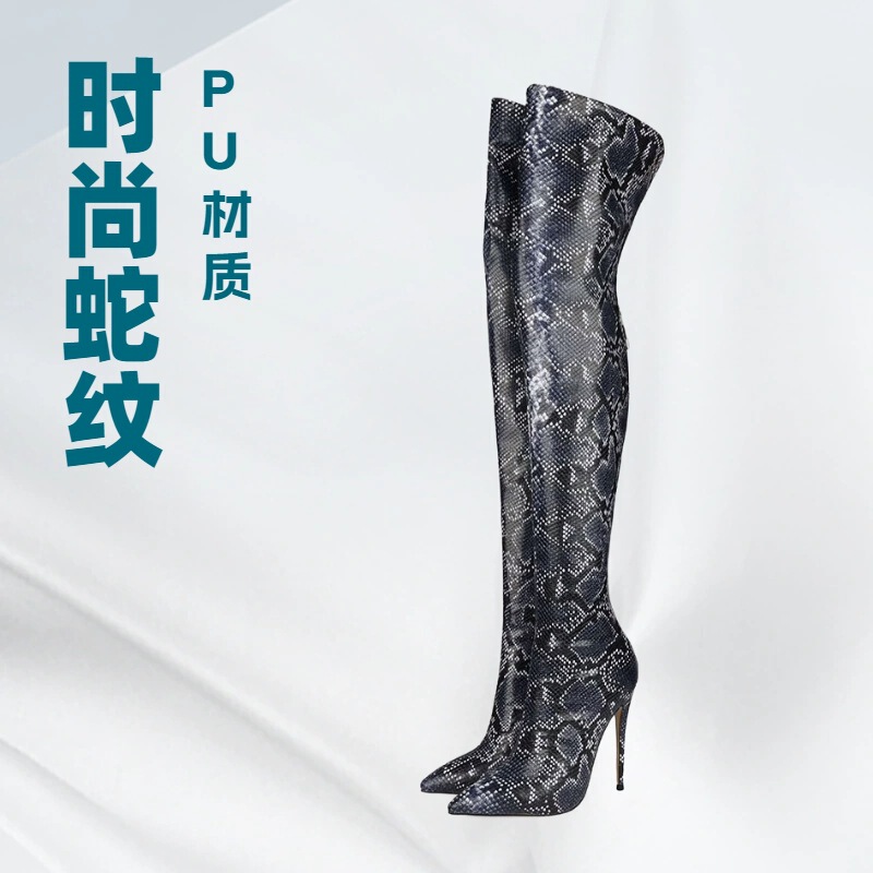European and American fashion foreign trade plus size catwalk pointed snake thin high heel knee boots