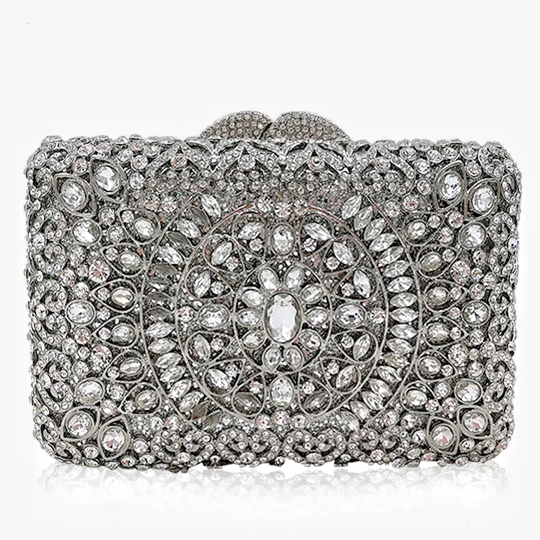 Túi clutch nữ đính đá dạ hội hộp vuông kim loại rỗng phong cách châu Âu — Màu bạc xanh lam, Màu vàng lam, Màu Sâm panh, Màu bạc