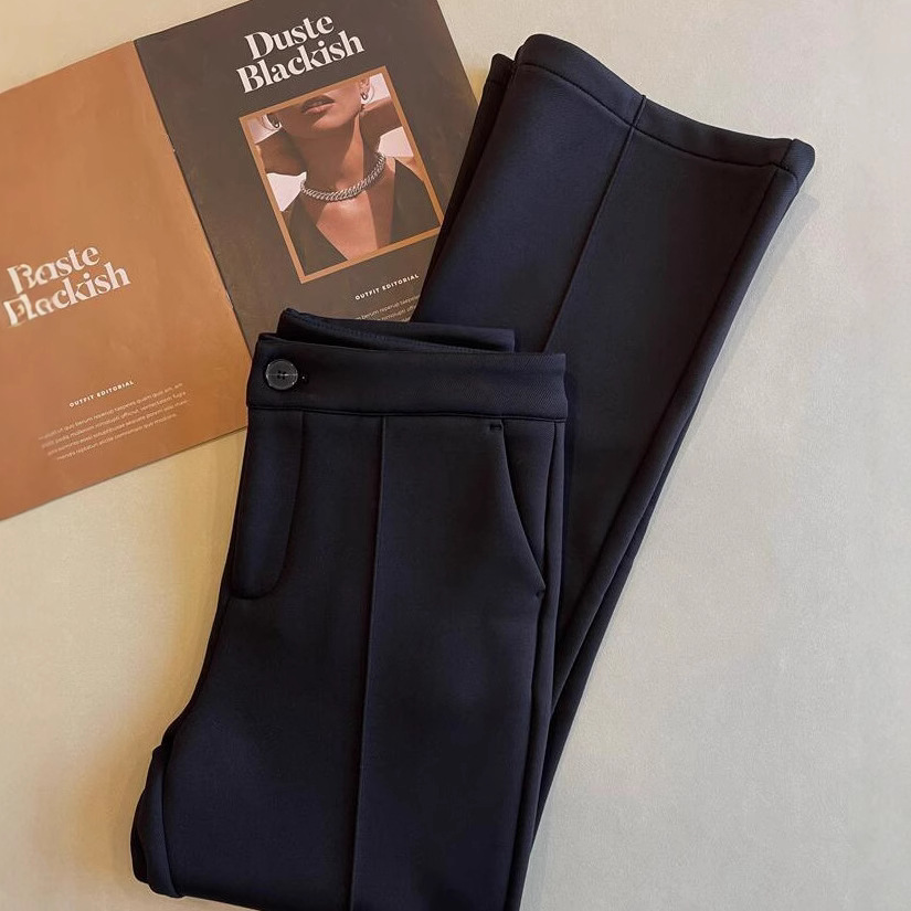 WTHEONE Shin Pants One Second Bend Slim High Waist Down Yarn Black Bell Pants fleece-lined Small Black Pants Women's Winter New