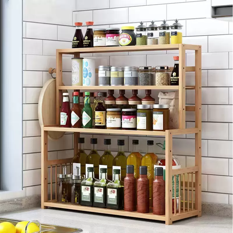 2/3层厨房竹制调味瓶收纳架家用台面杯勺杂物收纳架