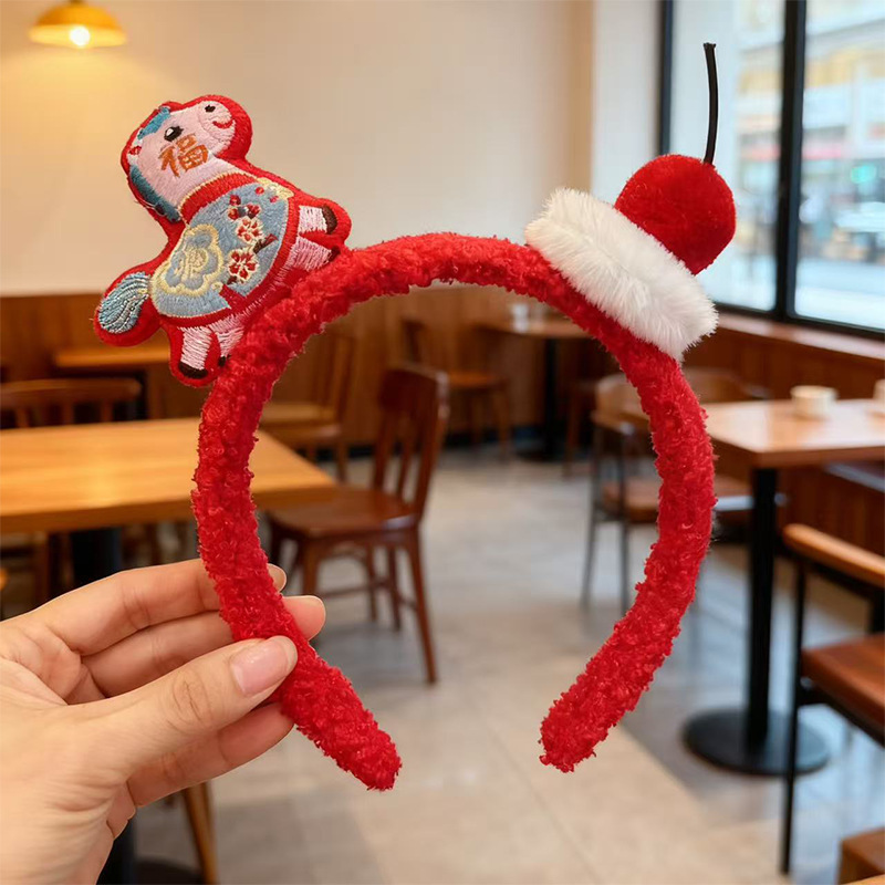 Nuevo lindo Año del Caballo festivo de peluche para las mujeres Año Nuevo lavar la cara de Navidad presión de cabello para la atmósfera de tocado rojo