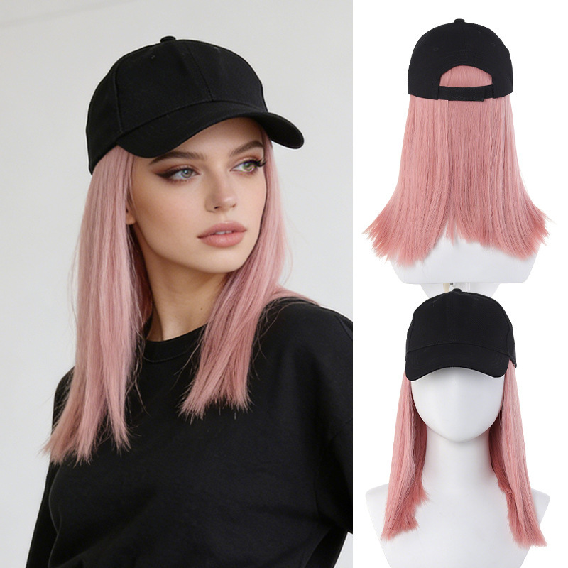 Foreign Trade Hat and Wig All-In-One Set for Women, Fashionable Black Baseball Cap with Pink Medium-Long Hair Full Wig, In-Stock Wholesale