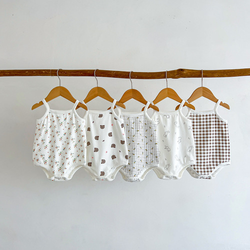 Baby Outfit  New Baby onesie with shoulder straps, grid pattern, diaper cover, triangle top, for little boys and girls crawling suit