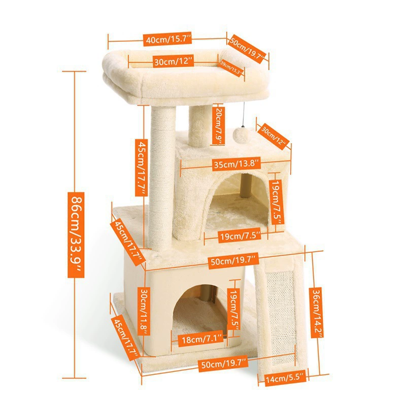Multi‑level cat tree, plush cozy condo with scratching posts and hanging toys, multiple color codes