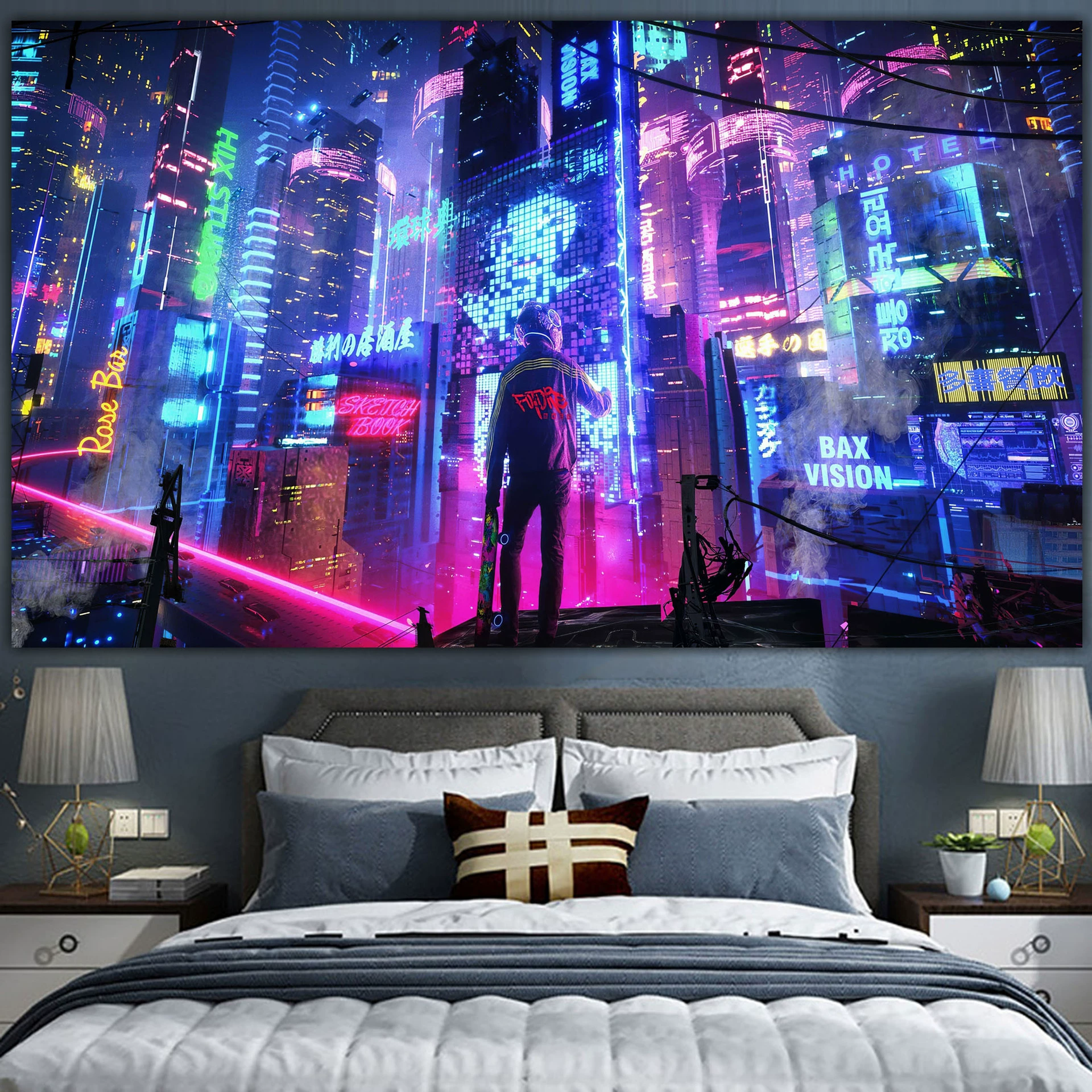Постер cyberpunk неоновый город, размеры 38×65 см, 85×155 см, 110×200 см