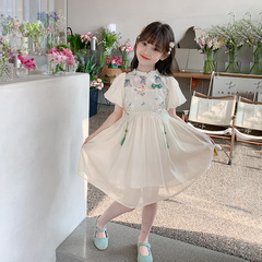 女童連衣裙2024新款國風泡泡袖紗裙小女孩夏裝公主裙兒童夏季裙子
