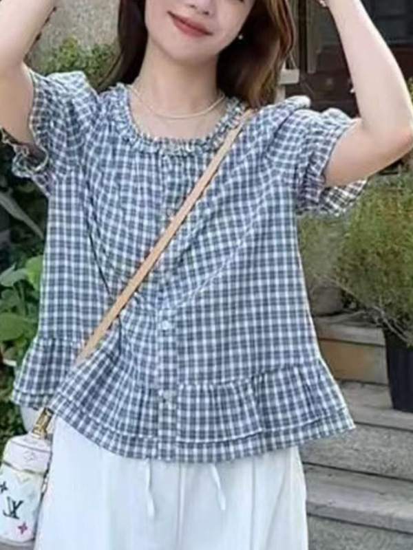 女性用耳介チェック柄コットンとリネン半袖シャツ2025新しい人気の夏シャツフレンチパフスリーブトップ|undefined