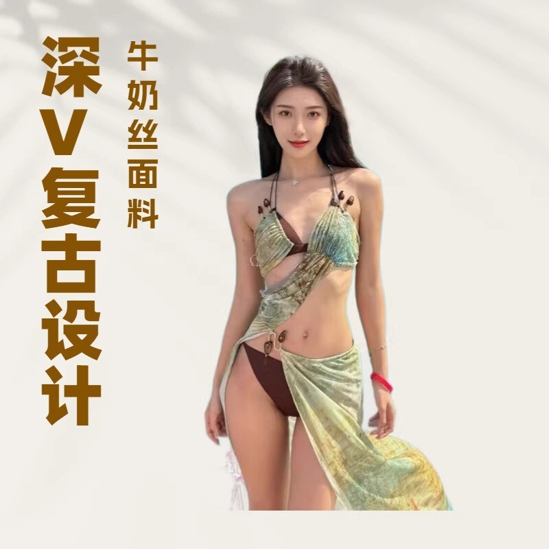 Cross-Border Korean Style Hot Spring 2026 Honeymoon Deep V Retro Slim Bikini Three-Piece Set Sexy Pure Desire Swimsuit for Women Cross-Border Korean Style Hot Spring 2026 Honeymoon Deep V Retro Slim Bikini Three-Piece Set Sexy Pure Desire Swimsuit for Women