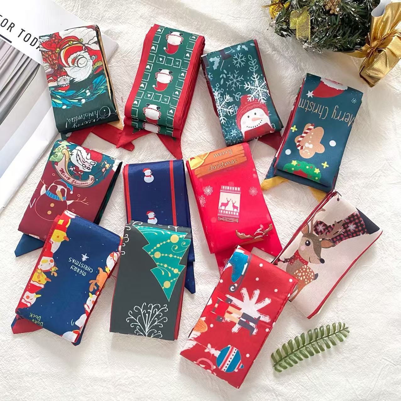 创意圣诞节丝巾可爱节日礼盒装饰飘带麋鹿雪人扎发绑包丝带领巾装