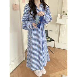 跨境专供外贸女士春款女睡裙条纹绣花可外穿家居服甜美度假风睡衣