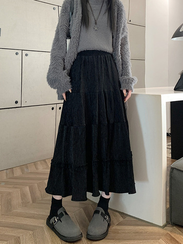 Korean Style Pleated Semi-Skirt for Women, Autumn/Winter New Arrival Satin Fringe High-Waist Slimming A-Line Medium-Length Umbrella Skirt, Instagram Style
