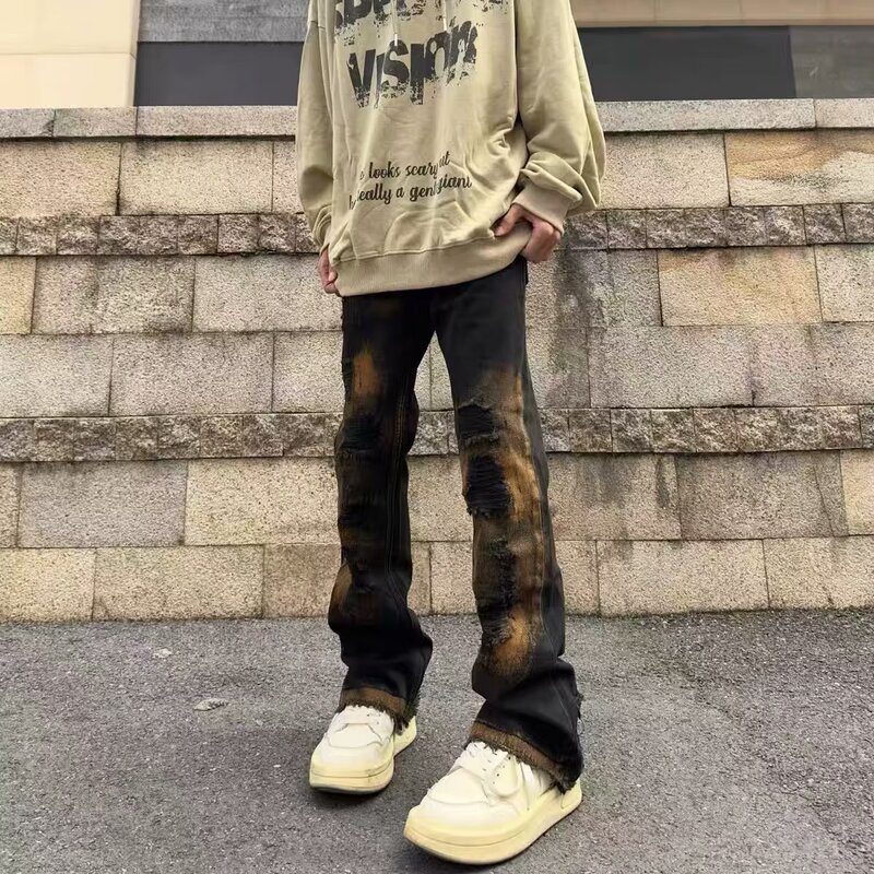 American Trend Design Sense Ripped Color Hip-Hop Jeans vibe Style Beggar High Street Hip-hop Trumpet Trousers Men