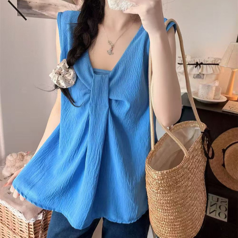 2026 Summer New Sweet Style Twisted V-Neck Sleeveless Shirt for Women, Loose Fit, Slimming and Elegant Top 2026 Summer New Sweet Style Twisted V-Neck Sleeveless Shirt for Women, Loose Fit, Slimming and Elegant Top