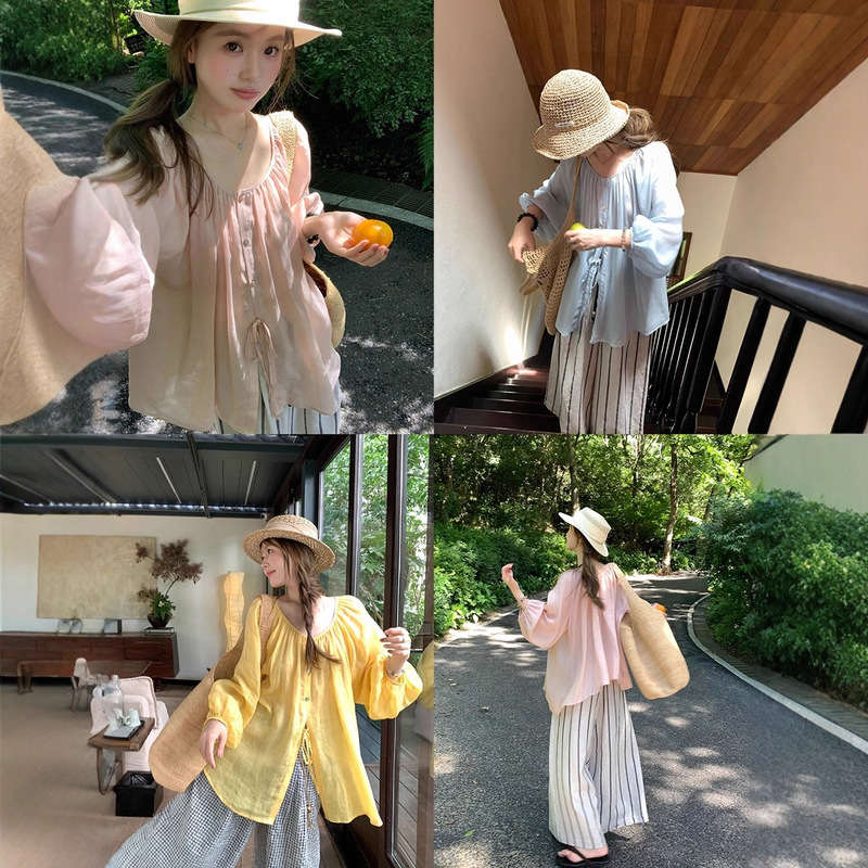 Breathable Sun-Protective Ramie/Tencel Lightweight Lantern Sleeve Top for Women, Reversible Sun-Protective Shirt