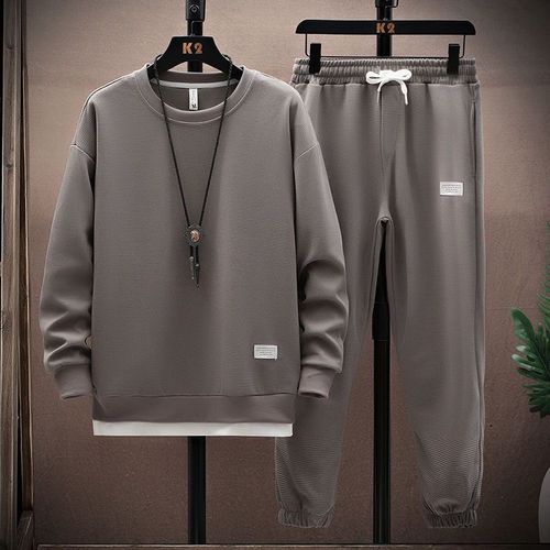 Cross-border wholesale 2024 new waffle print sweatshirt set for men autumn solid color long sleeve T-shirt and pants sports casual