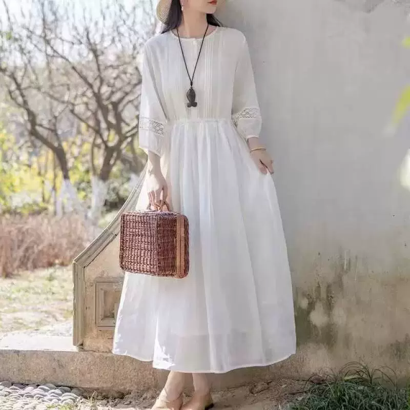 Белое платье-рубашка из рами свободного кроя большого размера, элегантное, с широким подолом, в стиле для путешествий, пляжная юбка, женская рубашка большого размера, длинная юбка