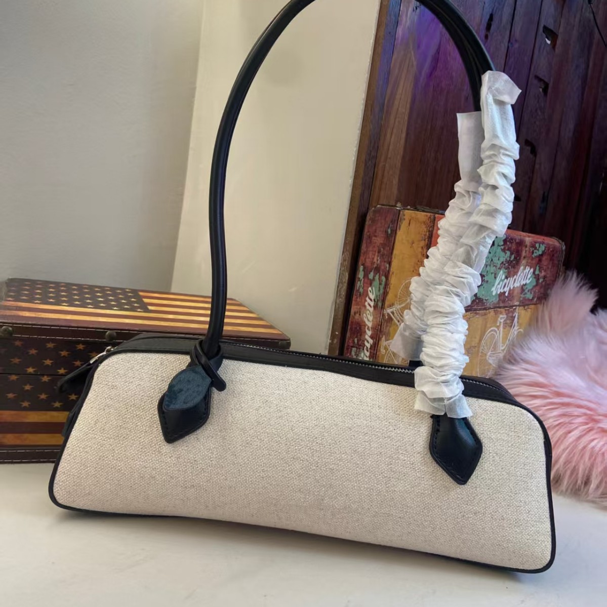 Fabric And Leather French Niche Baguette Bag Retro Underarm Bag Women's Handbag Versatile Shoulder Bag For Commuting - Thumbnail 3