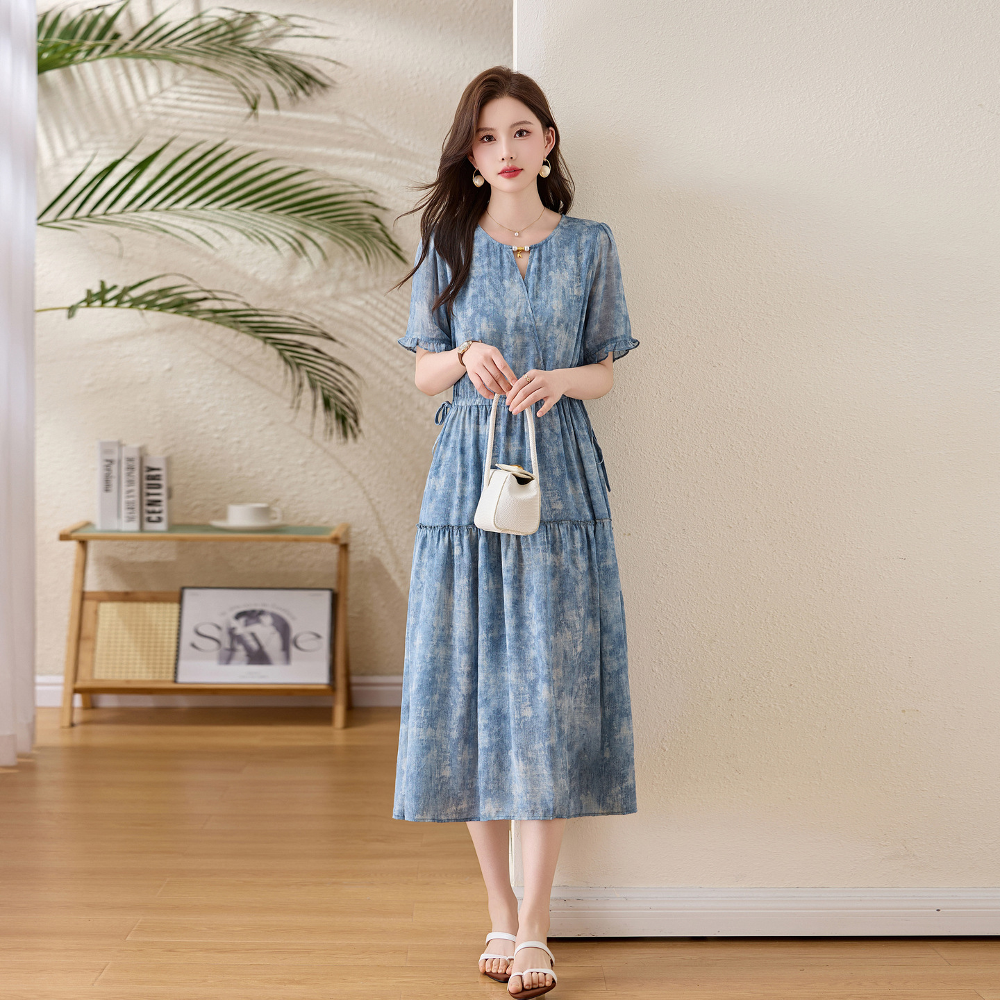Đầm maxi nữ thắt eo cổ V tay ngắn họa tiết hoa dáng dài GT8207 — xanh lam, Màu hồng