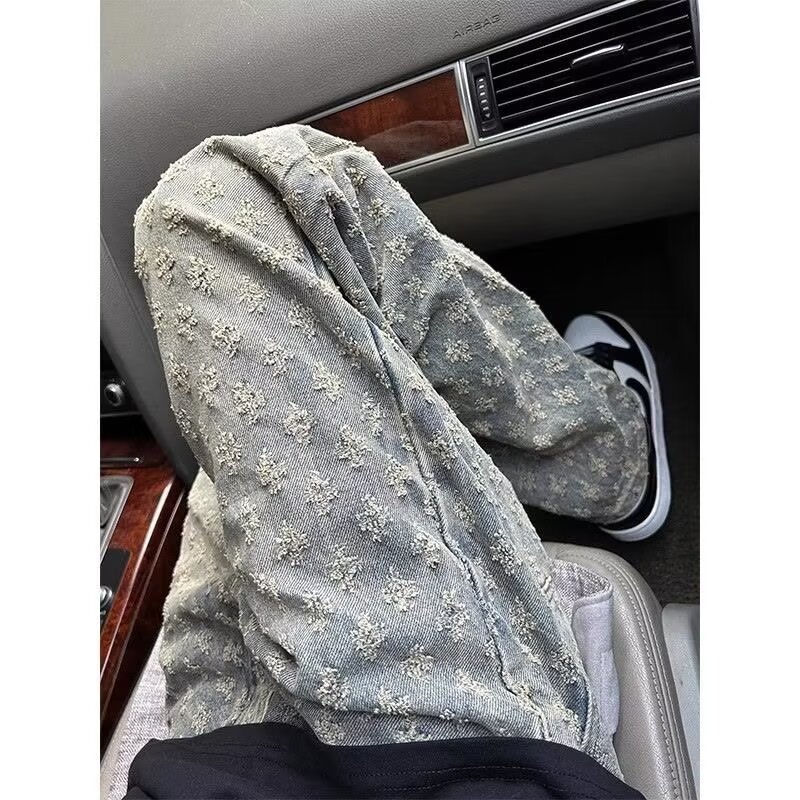 碎花牛仔裤男夏季薄款设计感小众美式微喇裤修身直筒cleanfit裤子