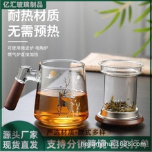 高硼硅透明玻璃三件杯子家用侧木柄喝水杯带盖一叶菩提泡茶杯