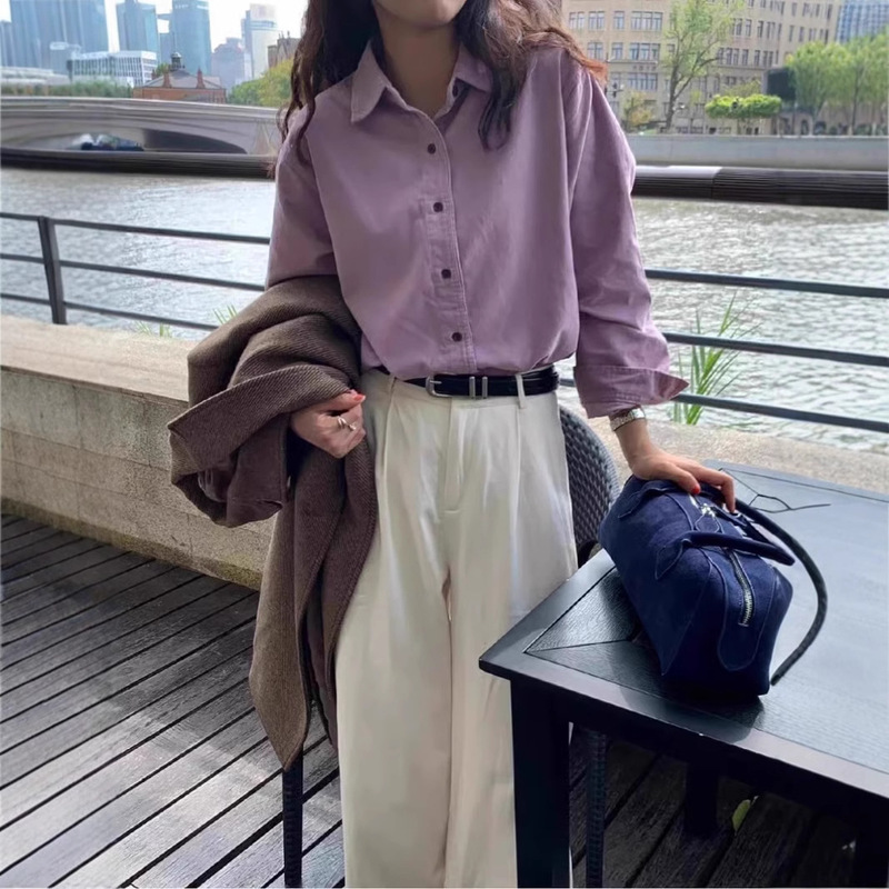 Autumn and Winter New Elegant Taro Mud Purple Long Sleeve Shirt Japanese Style Design Sense Commuter Women's Corduroy Shirt