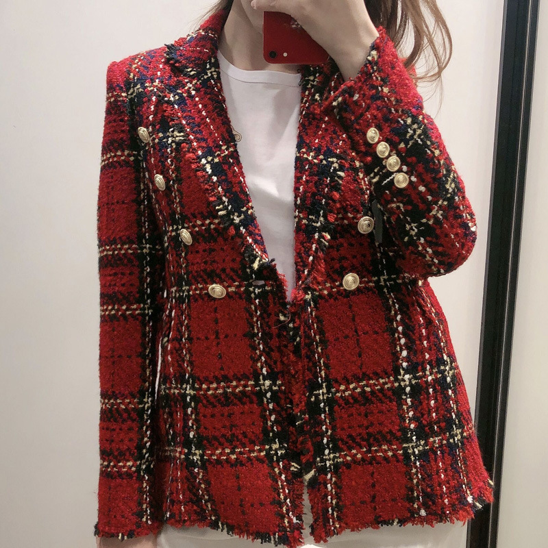 2021 Autumn New Amazon European and American Clothing Wholesale Coarse Plaid Slim Long Sleeve Suit Jacket