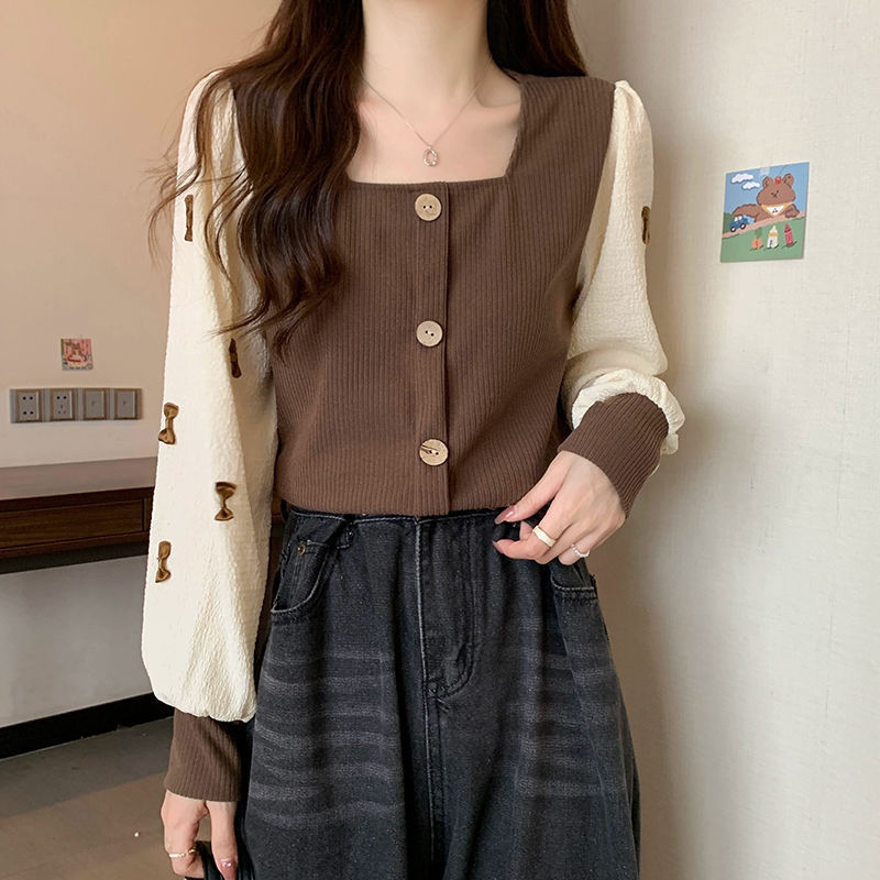 大码法式方领衬衫女装秋季内搭洋气微胖mm锁骨短款拼接假两件上衣|undefined