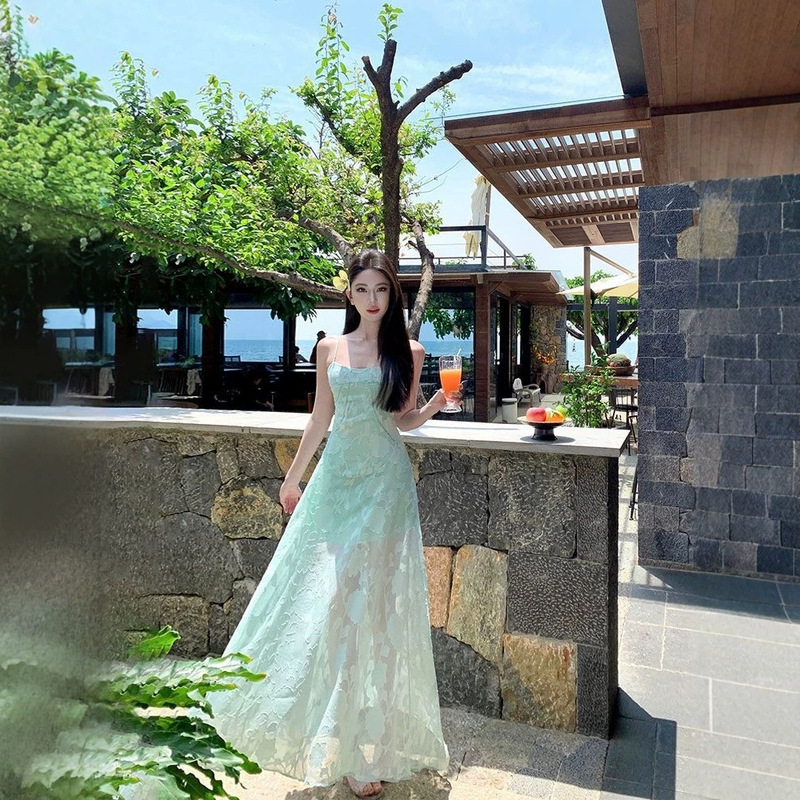 Beach vacation style mint mambo light green jacquard suspender dress for women, summer waist-cinching slimming elegant long dress Beach vacation style mint mambo light green jacquard suspender dress for women, summer waist-cinching slimming elegant long dress