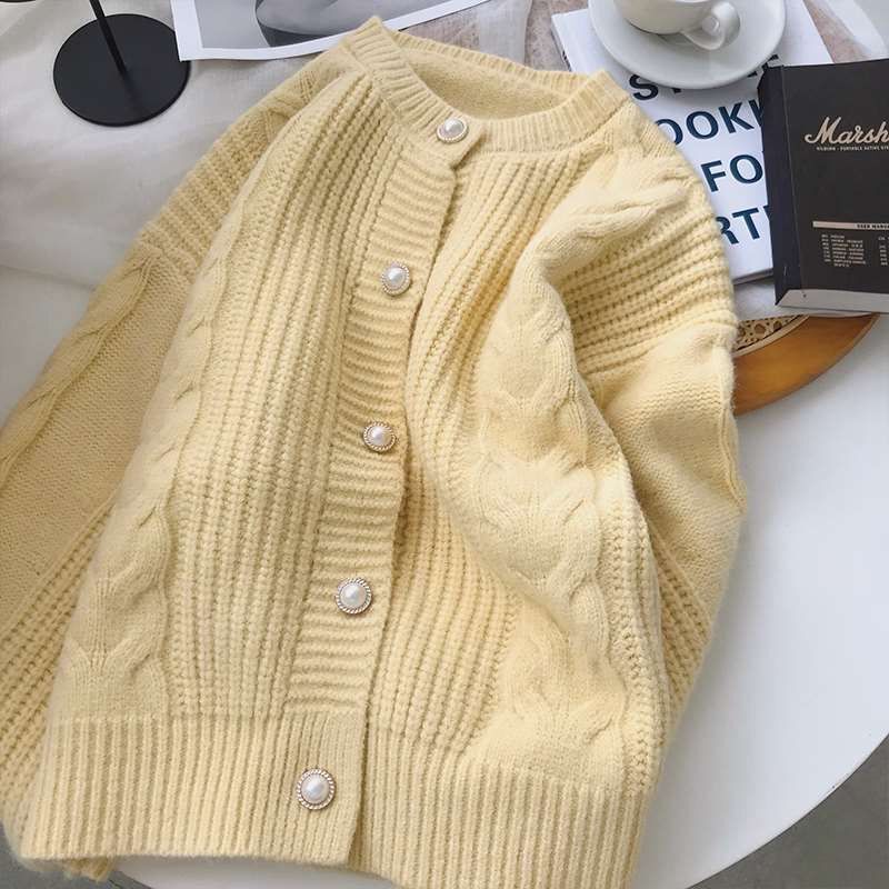 New Round Neck Knitted Cardigan Korean Style Gentle Wear Twist Sweater Women's Jacket Loose Pearl Button Soft Waxy Top