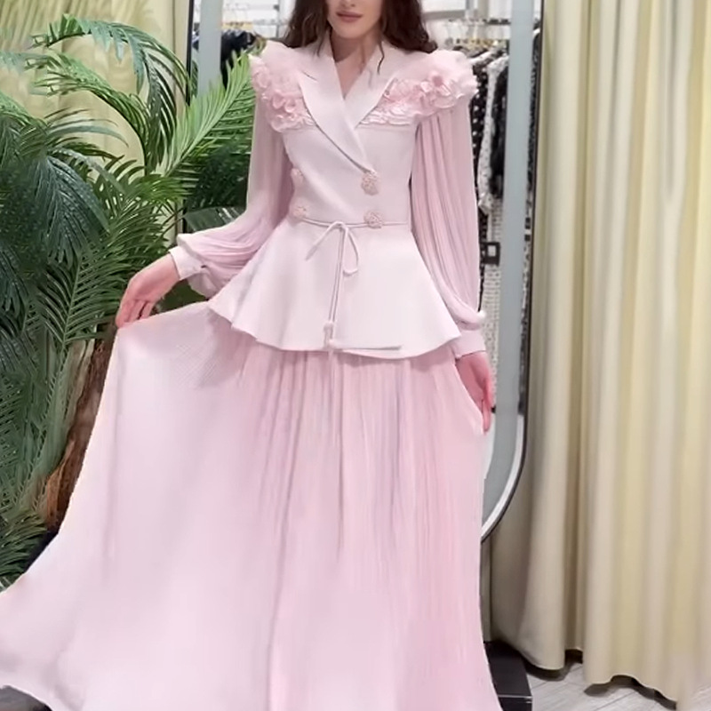 Elegantes Blusen-Set mit floralem Spitzenbesatz und hochgeschnittenem Rock – Langarm-Rüschendetails für Damen_voghion.com