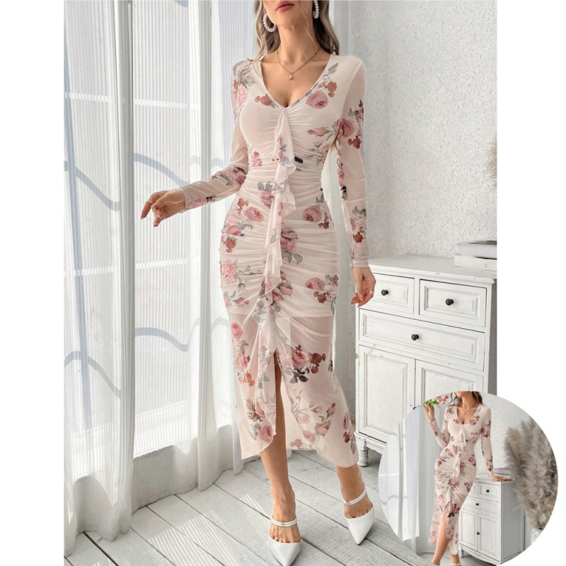 Sexy Elegant Floral Dress 2025 Autum New Lady Mesh V Neck Pleated Slit Waist Pencil Skirt