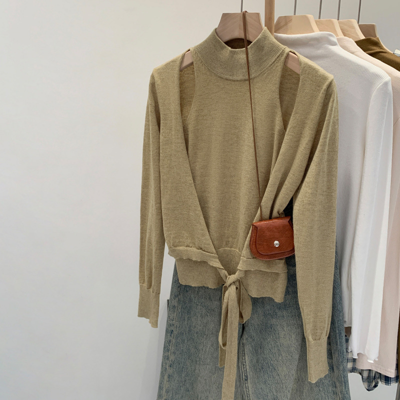 Brand Discount Tencel Wool Lazy High-End Fake Two-Piece Long-Sleeved Knitwear for Women Autumn New Design with Straps