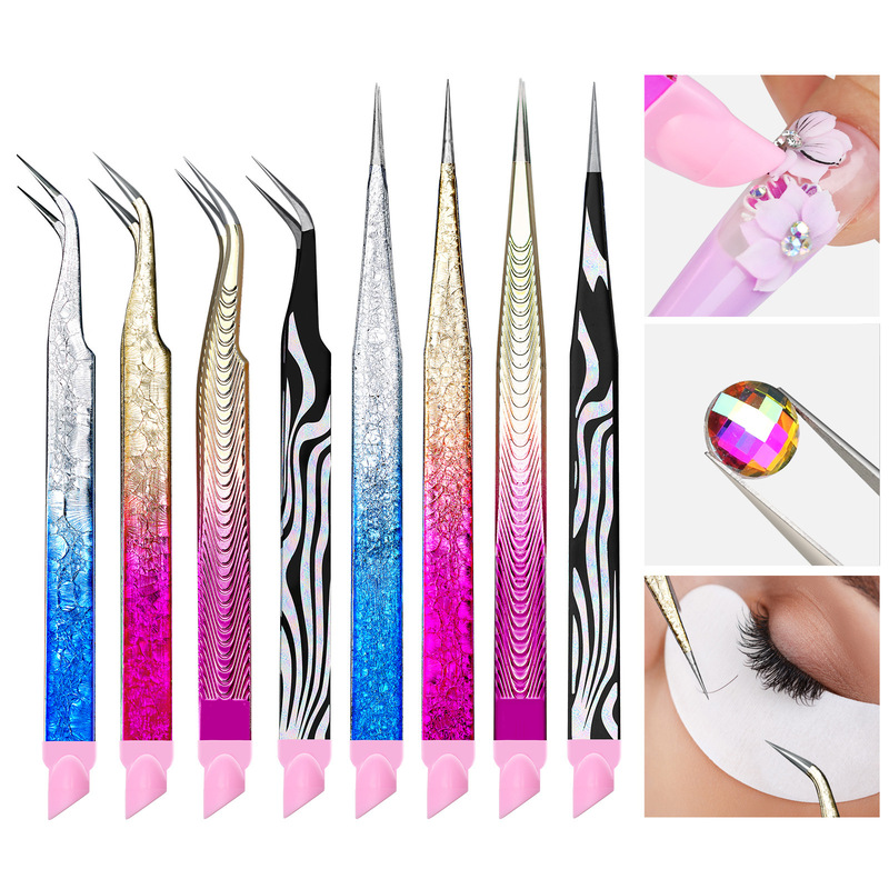 Multifunctional Nail Art Tweezers, Stainless Steel Ice Flower Eyelash Tweezers, Precision Tweezers with Silicone Pressing Stick, Nail Art Tweezers with Silicone Multifunctional Nail Art Tweezers, Stainless Steel Ice Flower Eyelash Tweezers, Precision Tweezers with Silicone Pressing Stick, Nail Art Tweezers with Silicone