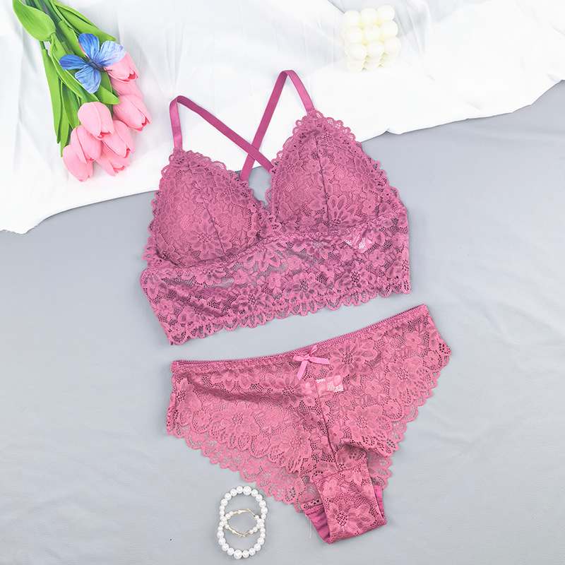 Conjunto de sujetadores de encaje transfronterizo cómodo y sexy, sin anillo de acero, ropa interior para niñas, confortable y pro-piel, conjunto de sujetadores