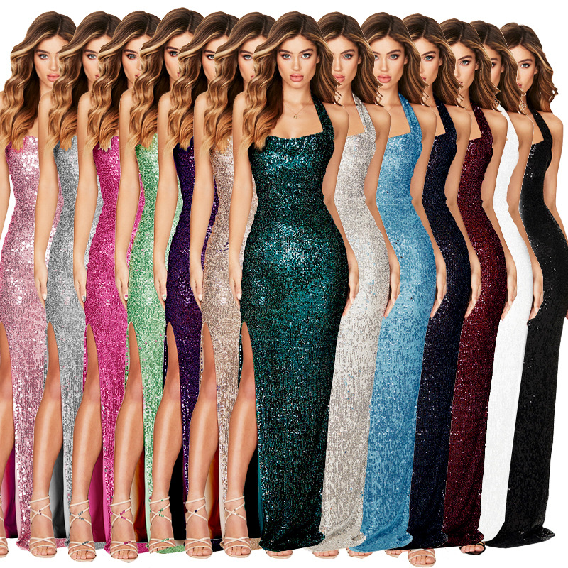 350g Weight Maxi Long Dress Dress Length Type Sleeveless Sleeve Length Party Dress Dresses Type Spandex, Polyester Fabric Type High Waist Waist Line Banquet, Party Occasion Halter Neck Neckline Slim Fit Type Solid Color Pattern Summer, Spring, Autumn Season Women's Gender Sequins Design Elegant, Sexy Style Wholesale Women's Elegant Sexy Sequins Solid Color Banquet Party Halter Neck Sleeveless Party Dress 无