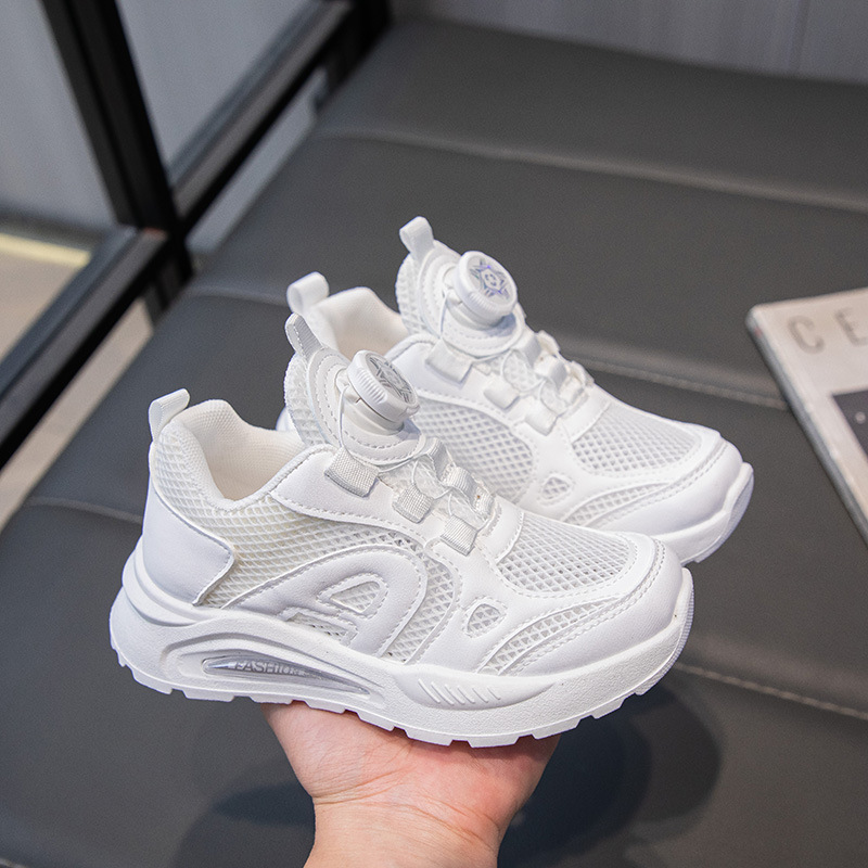 Children's White Shoes Summer New Breathable Mesh Rotating Button Boys and Girls Students School Sports Shoes Performance Shoes