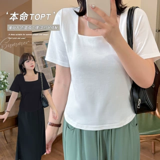 W1324夏季新品大码方领正肩露锁骨短袖T恤女夏季韩版百搭短款半袖